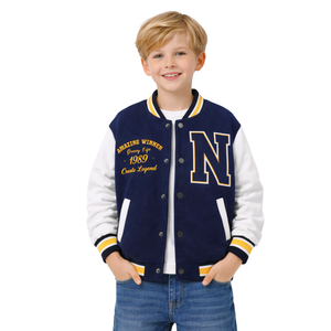 Blouson universitaire bleu marine et blanc pour garçons, style Little Champion, avec boutons-pression, col et ourlet côtelés - Product Image 1