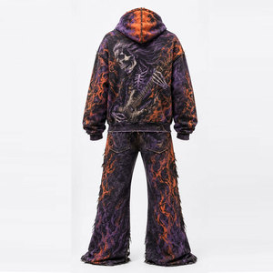 Survêtement à capuche pour homme, coupe ample, style punk, imprimé crâne et flammes, fermeture éclair sur le devant, poches latérales, vêtements d'hiver - Product Image 3