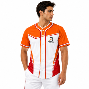 Maillot de baseball pour homme RONAL SPORTS à manches courtes, orange, blanc, rouge, avec blocs de couleur, boutons sur le devant, vêtements respirants - Product Image 3