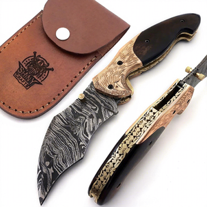 Cuchillo de bolsillo plegable con mango de acero de Damasco OEM personalizado, hoja recta con punta caída, hecho a mano, para caza, camping, supervivencia y uso general. - Product Image 5