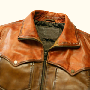 Chaqueta de cuero marrón para hombre, estilo vaquero vintage, con dobladillo bicolor y cremallera, de cuero genuino, tipo ranchero, venta al por mayor OEM - Product Image 3