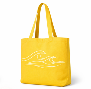 Sac de plage en toile jaune réutilisable personnalisé avec motif vague blanche, grande capacité, poignée épaule, sac de shopping imprimé - Product Image 6