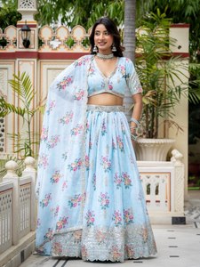 <b>Light</b> <b>Blue</b> Floral <b>Lehenga</b> Set with Embroidered Dupatta Traditional Indian Wedding Wear for Women - Product Image 1