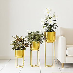 Modern Brass Planter Pot Circular Design Minimalist Indoor Planters for <b>Desk</b> Decor Smooth Plated Finish Set of 2 - Product Image 5