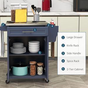 Carrello da Cucina Portatile Piccolo con Piano in Acciaio Inossidabile e Materiale in Rovere, con Spazio di Archiviazione, Blu Scuro, su Ruote, per Sala da Pranzo - Product Image 4