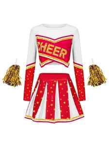 Uniformes de pom-pom girl pour adultes en gros, robe à manches longues et jupes personnalisées avec bordure dorée, uniformes de cheerleading en polyester - Product Image 4