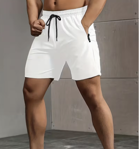 Shorts décontractés pour hommes, couleur unie blanche, taille élastique, séchage rapide, taille mi-haute, fermeture à cordon, matière polyester tricotée - Product Image 3