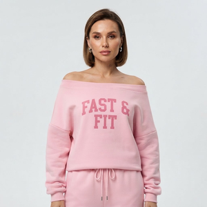 Polyester Cotton Knitted Fabric High Quality Printed Autumn Oversized <b>Sweatshirt</b> Streetwear Slash Neck <b>off</b> <b>Shoulder</b> Front Logo - Product Image 1