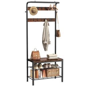 Perchero industrial con estantes de madera y ganchos para almacenamiento en la entrada, organizador multifuncional, diseño de tres niveles - Product Image 3