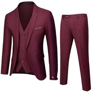Men's Burgundy Business <b>Suit</b> Single Breasted Notched Collar Anti-Wrinkle Polyester Regular Fit - Product Image 1