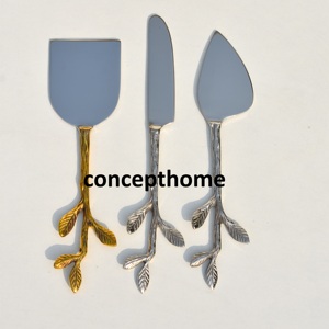 Couteau à fromage en acier inoxydable avec manche en laiton motif feuille, spatule à pizza, couteau à beurre - Product Image 5