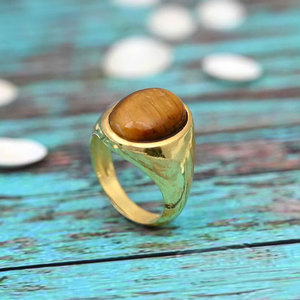 Anillo de Ojo de Tigre Hecho a Mano, Chapado en Oro, con Cabujón Ovalado de Latón, Anillo Decorativo, Joyería Boho Hecha a Mano para Mujer - Product Image 1