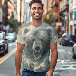 T-shirt à manches courtes pour homme, col rond, imprimé graphique tête d'ours Cloud City, coupe ample, style streetwear décontracté, 100% coton tricoté - Product Image 2