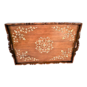 Plateau de service antique victorien en chêne massif sculpté à la main avec poignées en laiton, décoration d'intérieur, plateau marocain pour la cuisine et la salle à manger - Product Image 4