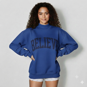 Women's Breathable 100% Cotton French Terry Fleece Mock Neck Varsity Sweatshirt Embroidered Lettering Design Winter Front - Product Image 2
