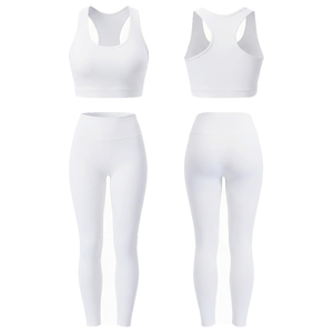Conjunto de Yoga Blanco de 2 Piezas: Top Corto Racerback y Leggings de Cintura Alta, Sin Costuras, Transpirables y que Absorben el Sudor - Product Image 1