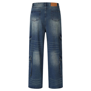 Nouveau Jean Cargo en Denim Bleu pour Homme Coupe Ample Personnalisée Multi-Poches Streetwear Vintage Délavé Jambe Large Droite - Product Image 2