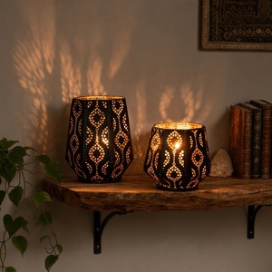 Modern Black Metal Moroccan Lantern Set with Intricate Openwork Pattern Decorative <b>Candle</b> <b>Holders</b> for Home Table Decor - Product Image 1