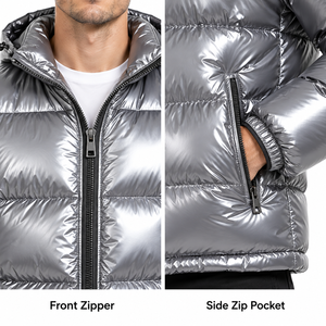 Blouson matelassé pour homme personnalisé, argenté brillant, à capuche, chaud, en nylon enduit de duvet, zippé, coupe-vent, décontracté - Product Image 4