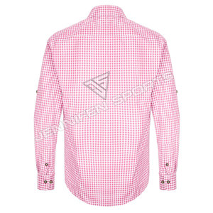 Chemise à carreaux rose et blanc pour hommes, manches longues, col rabattu, poche simple sur la poitrine, chemise décontractée à carreaux bavaroise pour l'Oktoberfest - Product Image 4