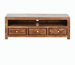 Solid Wood TV <b>Cabinet</b> | Honey Finish 3-Drawer Entertainment Unit with Open Shelf | <b>Rustic</b> Farmhouse Storage Furniture - Product Image 5