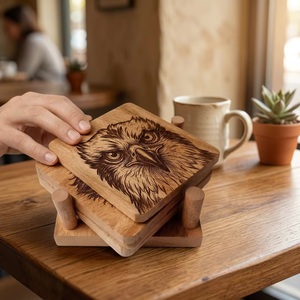 Juego de Posavasos Cuadrados de Madera Hechos a Mano con Diseño de Águila, Tapetes y Almohadillas Rústicas de 10 cm de Diámetro, Acabado Natural, Accesorio Decorativo para Mesa - Product Image 4