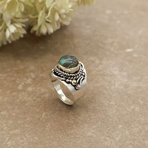 Vintage Natural <b>Labradorite</b> Bezel Setting Statement <b>Ring</b> Brass Plated Adjustable Band Antique Boho Ethnic Handmade Unisex - Product Image 5