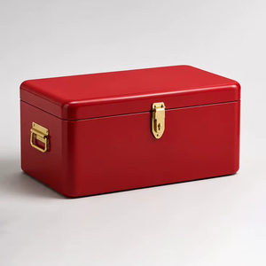 Vibrant Crimson Glossy <b>Metal</b> <b>Storage</b> <b>Trunk</b> Chest Finished With Premium Polished Brass Front Clasp And Drop Side Carry Handles - Product Image 1