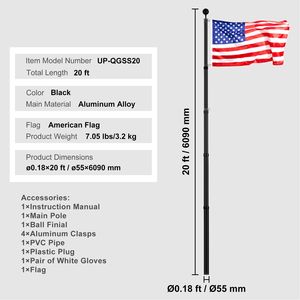 Kit Asta Portabandiera Telescopica in Lega di Alluminio Rinforzata da 20FT con 3 Modalità di Visualizzazione, Asta per Bandiera da Giardino e Prato 3x5 per Insegne - Product Image 1
