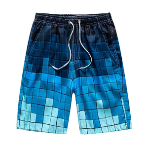 Men's Blue Checkered Quick Dry Board Shorts Mid Waist Drawstring Casual Bermuda Length 100% Polyester - Product Image 1