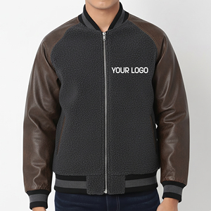 Blouson bomber pour homme, doublure en polaire, manches en cuir PU, fermeture éclair, logo personnalisé sur le devant, vêtements décontractés d'hiver - Product Image 6