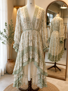 Robe midi bohème pour femme, motif animalier et floral, ourlet à volants, manches longues, col en V, décontractée, été, bureau, XS - Product Image 3