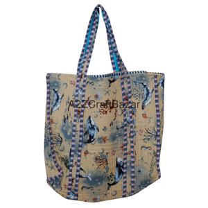 Striped Quilted 100% Pure Cotton Fabric Long Handle Travel Beach Tote <b>Bag</b> for Women Summer Groceries & Shopping - Product Image 1