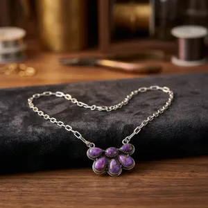 Purple <b>Copper</b> Turquoise Stone Flower Pendant Necklace 925 Sterling Silver Bohemia Style Link <b>Chain</b> Women's Everyday Wear - Product Image 5