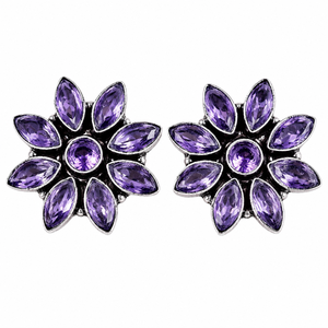 Wholesale Supplier Purple Amethyst Bezel Setting Flower <b>Stud</b> <b>Earrings</b> | Handmade Brass Antique Silver-Plated Bohemian Women's - Product Image 1
