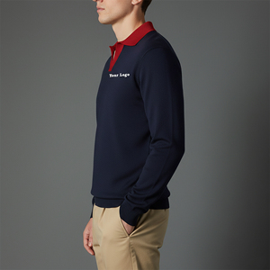 Polo personalizado 100% algodón con cuello en V para hombre, color sólido con cuello en contraste, manga larga, logotipo personalizado, secado rápido. - Product Image 2