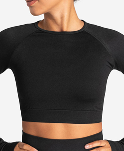 2026 Wholesale Women's Solid Black 2 Piece Yoga Set Breathable Long Sleeve <b>Crop</b> <b>Top</b> Mid Waist Shorts Seamless Low MOQ 180g - Product Image 5