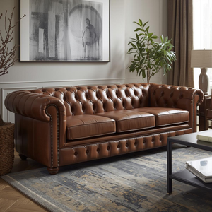 Sofá Chesterfield de Cuero Marrón de Lujo, 3 Plazas, con Tapizado Profundo con Botones, Sofá Clásico para Sala de Estar, Oficina, Vestíbulo de Hotel - Product Image 1