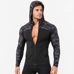 <b>Men</b> <b>Camo</b> Printed Hooded Jacket Slim Fit Yoga Training Zipper <b>Hoodie</b> Long Sleeve Compression Jacket <b>Men</b> Full Zipper Gym Jacket - Product Image 4