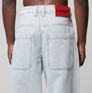 กางเกงยีนส์เดนิมสีฟ้าอ่อนลายทางสไตล์วินเทจทรงสตรีทสไตล์สำหรับผู้ชาย ขากว้างทรงแบ็กกี้ - Product Image 6