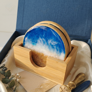 Luxury Resin Wood Coaster Set 3D Ocean Wave Epoxy Drink Coasters 10cm Round Wooden Cup <b>Mat</b> Custom Gift Box for Home <b>Bar</b> Decor - Product Image 1