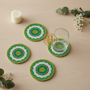 Handmade Modern Round Fabric <b>Coasters</b> Green White Mandala Design Eco-Friendly Drink Mats for <b>Table</b> Decoration - Product Image 1