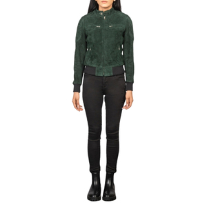 Chaqueta Bomber de Gamuza Verde para Mujer, Cuello Alto, Cierre de Cremallera, Cortavientos, Estilo Motero - Product Image 1