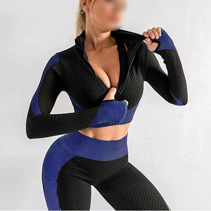 Conjunto de Yoga de 3 Piezas para Mujer, Chaqueta Corta con Cierre y Bloques de Color, Sujetador Deportivo, Leggings, Ropa Deportiva Ecológica con Elasticidad en Cuatro Direcciones para Gimnasio y Entrenamiento - Product Image 3