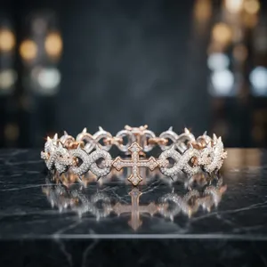Rose Gold Plated Moissanite Stones Cross <b>Cuff</b> <b>Bracelet</b> Women's Religious Jewelry Pave Setting Round Cut Christian Style - Product Image 1