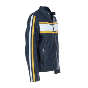 Men Premium <b>Leather</b> Racer <b>Jacket</b> Sporty Color Blocking Stand Collar Zipper Style Motorcycle Biker <b>Jacket</b> For Rider - Product Image 2