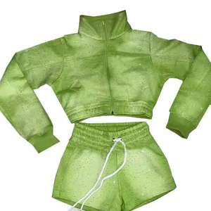 100% Cotton Women's Custom Logo Crop Zipper <b>Jacket</b> and Shorts Set Summer Clothing <b>Rhinestones</b> Sweat Suit Top and Short Set - Product Image 1