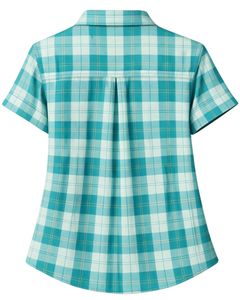 Custom Teal And White Plaid Womens Short Sleeve Button Up Shirt Casual Summer Lightweight Breathable <b>Checkered</b> <b>Top</b> With Pocket - Product Image 5