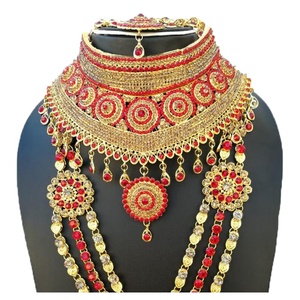 Conjunto de Collar y Aretes Étnicos Indios de Aleación Chapada en Oro, con Cristales Rojos y Diseño Floral, Joyería de Boda para Mujer - Product Image 3