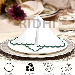 Serviettes en coton blanc pur Ridhi Wholesale 18x18 pouces avec broderie verte festonnée, réutilisables pour les mariages, les fêtes, les événements, la décoration de la maison - Product Image 6